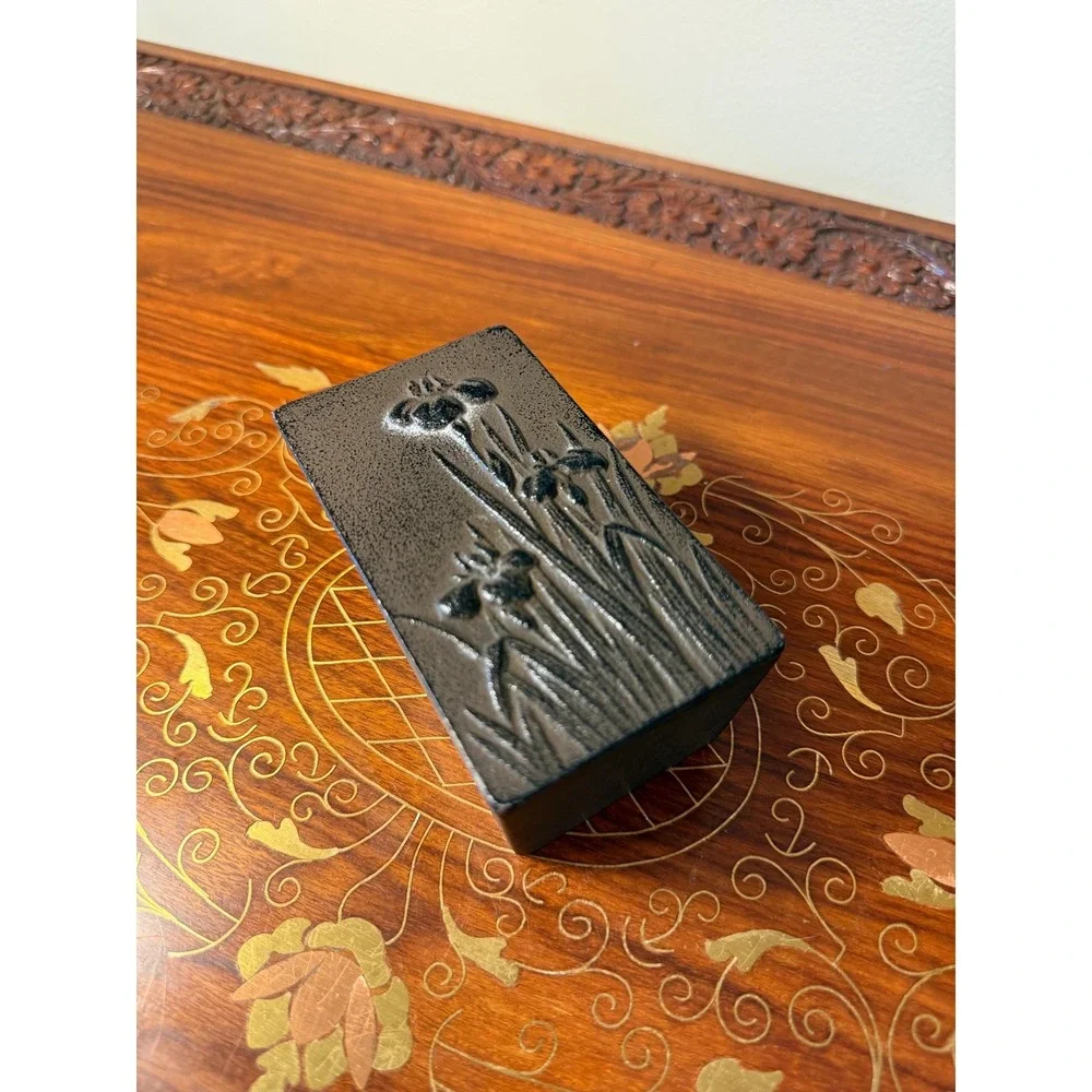 Vintage Cast Iron Jewelry Box with Iris Relief Design